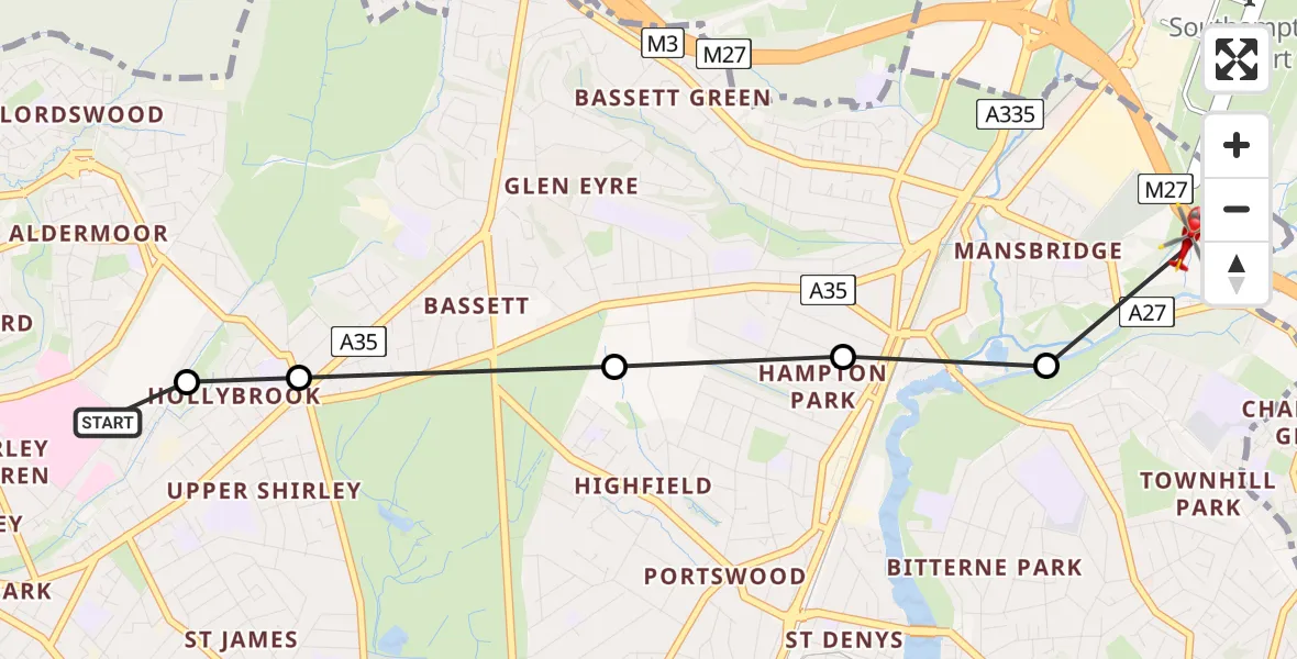 Flight route Air Ambulance Helicopter University Hospital Southampton - Mansbridge, 17 July 2026, 13:36