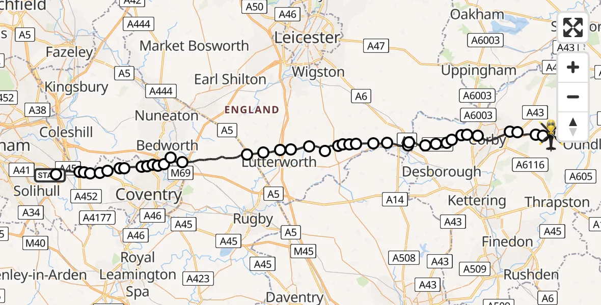 Flight route Police Helicopter Solihull - Upper Benefield, 17 July 2026, 13:48