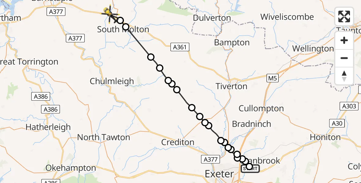 Flight route Police Helicopter Exeter International Airport - Stags Head, 17 July 2026, 13:52