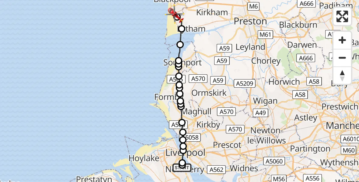 Flight route Air Ambulance Helicopter New Ferry - Blackpool Airport, 17 July 2026, 13:56