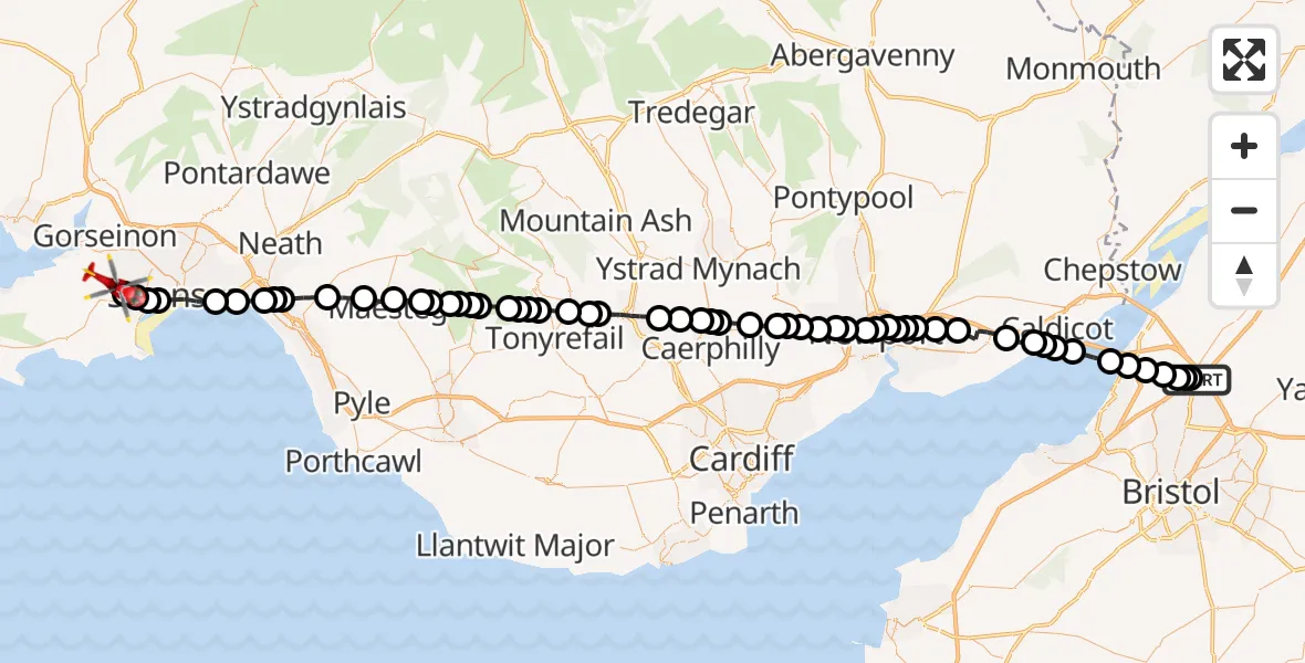 Flight route Air Ambulance Helicopter Almondsbury Helicopter Base - Dunvant, 17 July 2026, 14:07