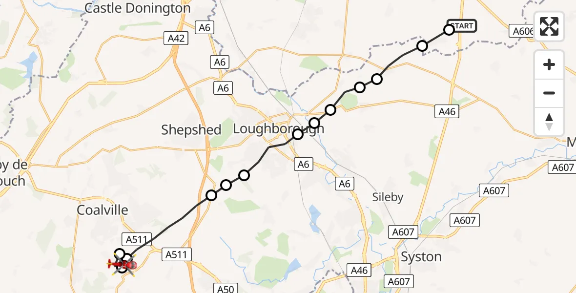 Flight route Air Ambulance Helicopter Rushcliffe - Ellistown, 17 July 2026, 14:11