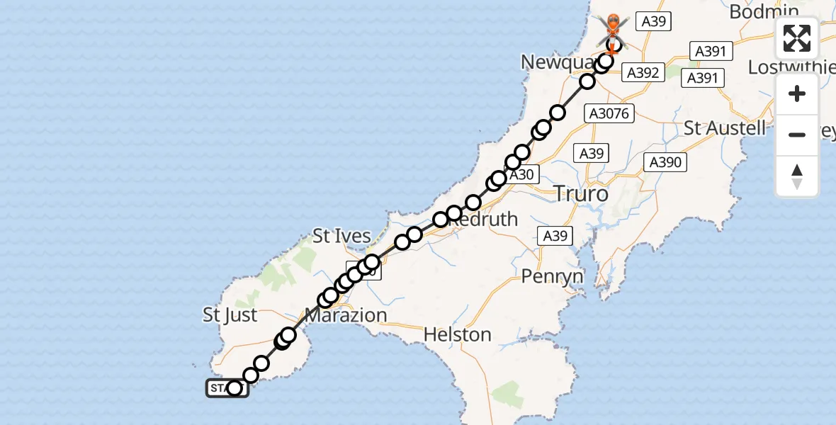 Flight route Coastguard Helicopter St. Levan - Cornwall Airport Newquay, 17 July 2026, 14:17