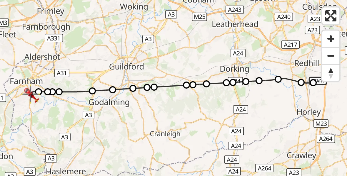Flight route Air Ambulance Helicopter Redhill Aerodrome - Farnham, 17 July 2026, 14:17