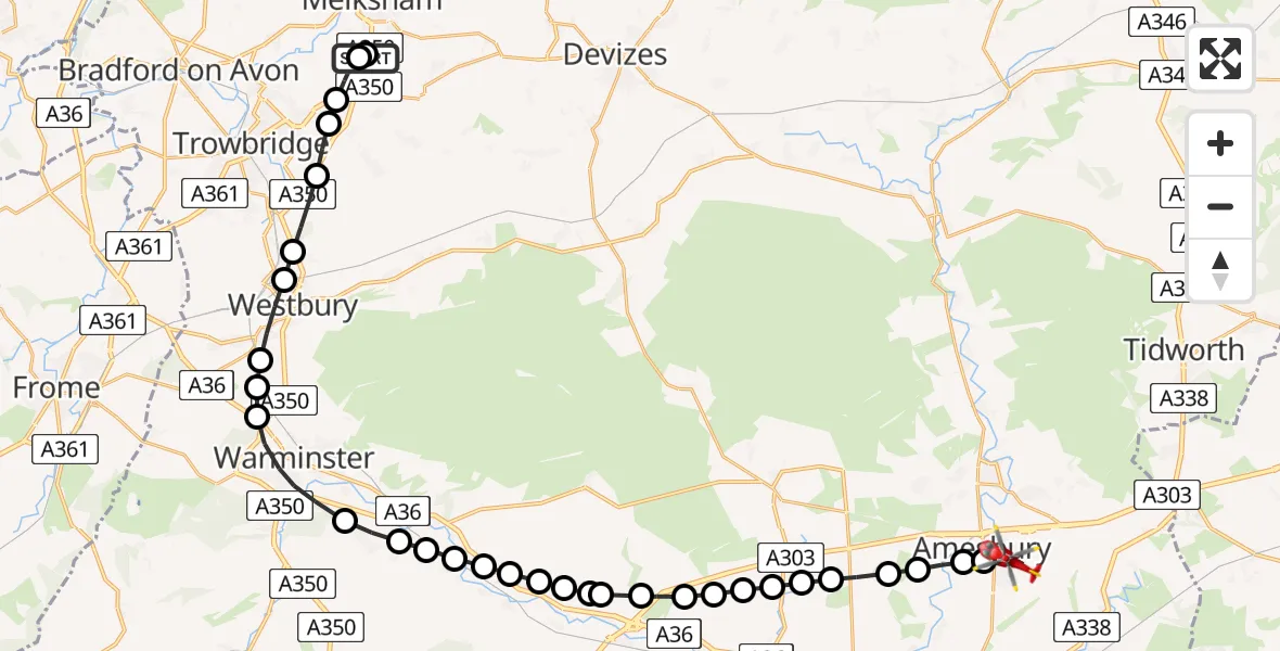 Flight route Air Ambulance Helicopter Wiltshire Air Ambulance - Amesbury, 17 July 2026, 14:35
