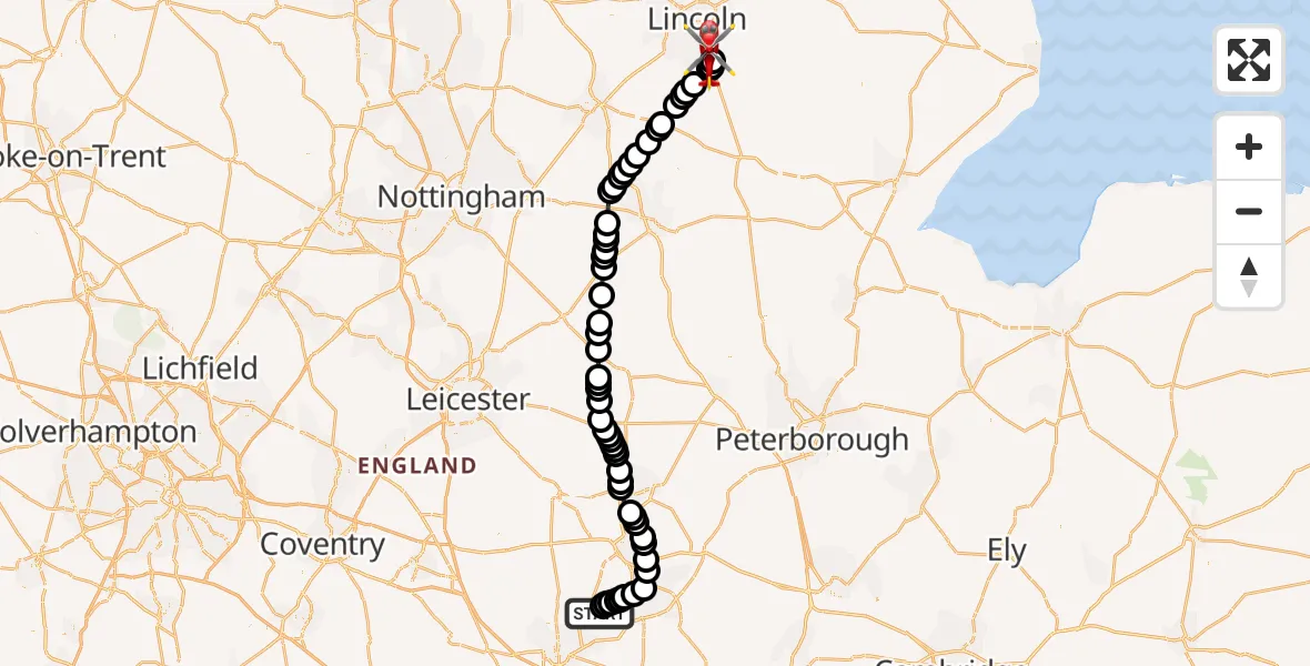 Flight route Air Ambulance Helicopter Sywell Aerodrome - North Kesteven, 17 July 2026, 14:40