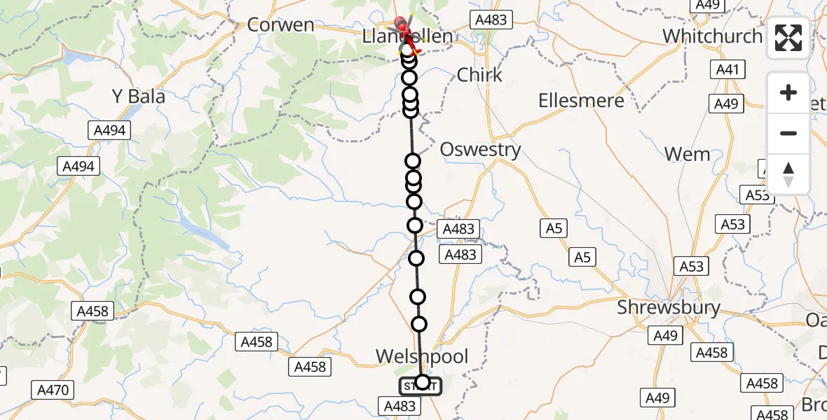 Flight route Air Ambulance Helicopter Welshpool Airport - Llangollen, 17 July 2026, 14:49