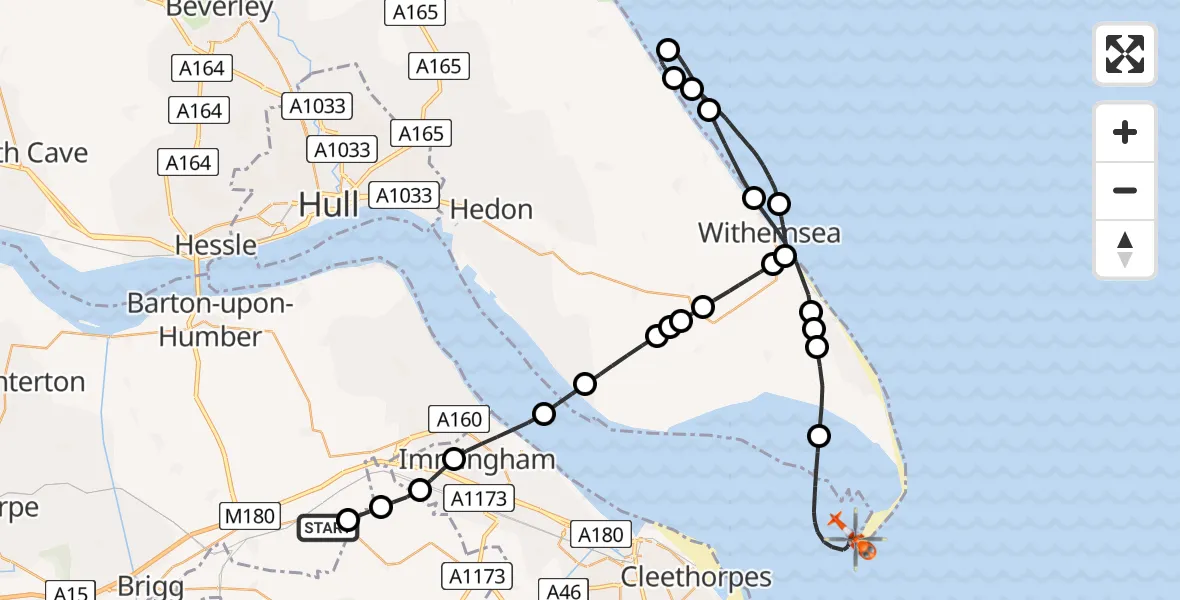 Flight route Coastguard Helicopter Humberside Airport - North Sea, 17 July 2026, 14:52