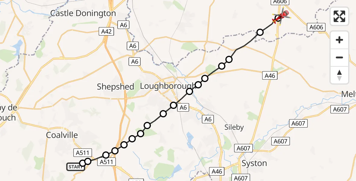 Flight route Air Ambulance Helicopter Battleflat Farm Airstrip - Nottingham Heliport, 17 July 2026, 14:53