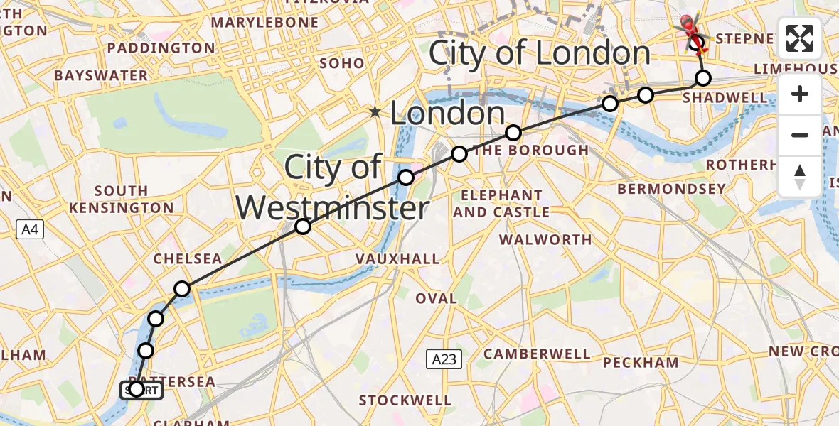 Flight route Air Ambulance Helicopter London Heliport - Royal London Hospital, 17 July 2026, 15:10
