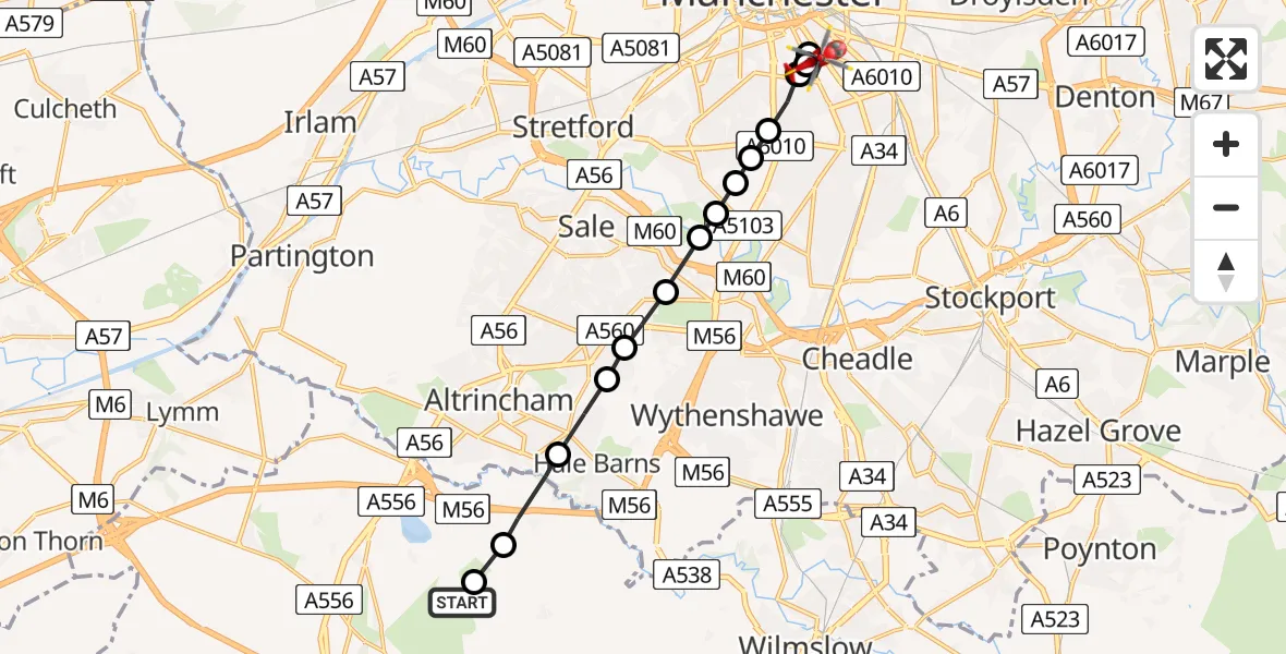 Flight route Air Ambulance Helicopter Millington and Rostherne - Chorlton-on-Medlock, 17 July 2026, 15:10