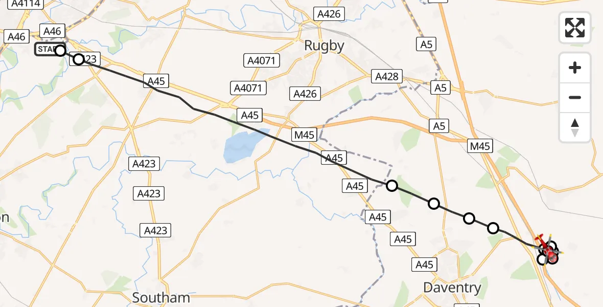 Flight route Air Ambulance Helicopter Coventry Airport - Daventry, 17 July 2026, 15:11