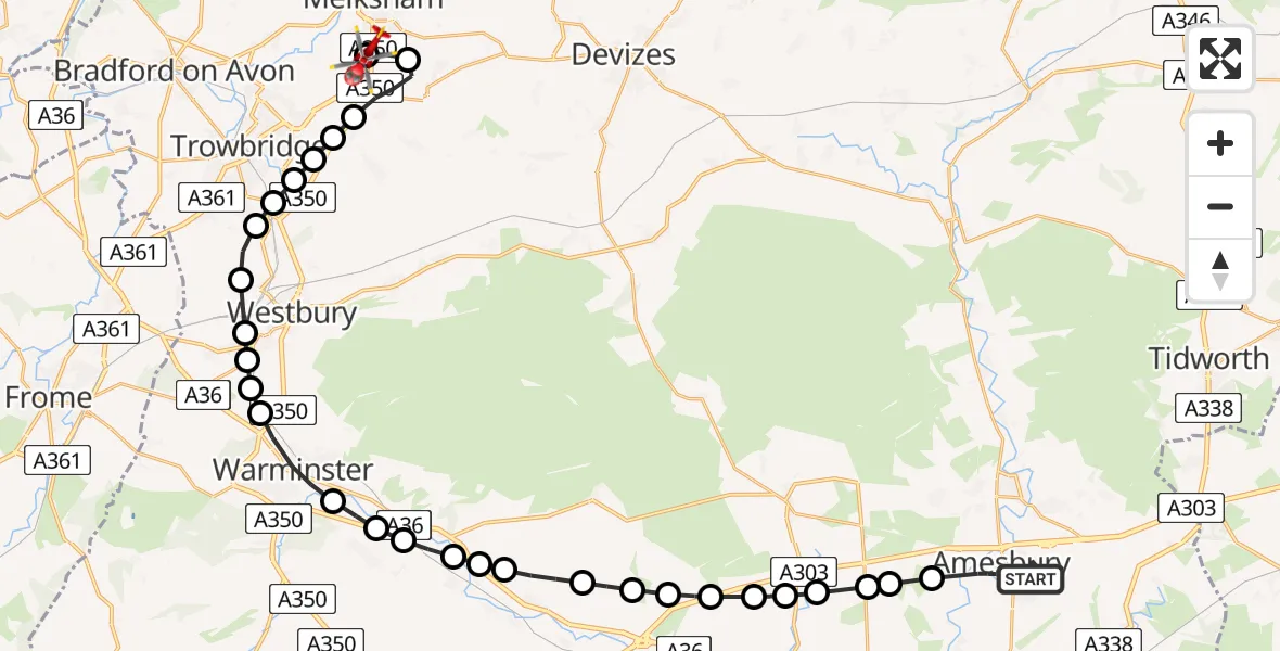 Flight route Air Ambulance Helicopter Amesbury - Wiltshire Air Ambulance, 17 July 2026, 15:19