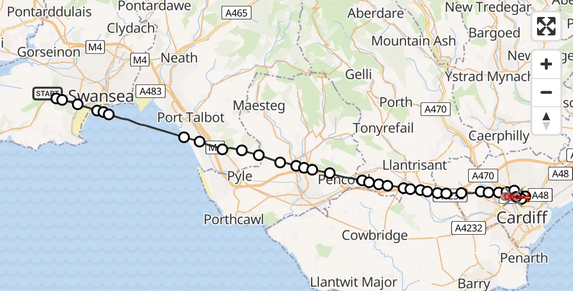 Flight route Air Ambulance Helicopter Upper Killay - Gabalfa, 17 July 2026, 15:30