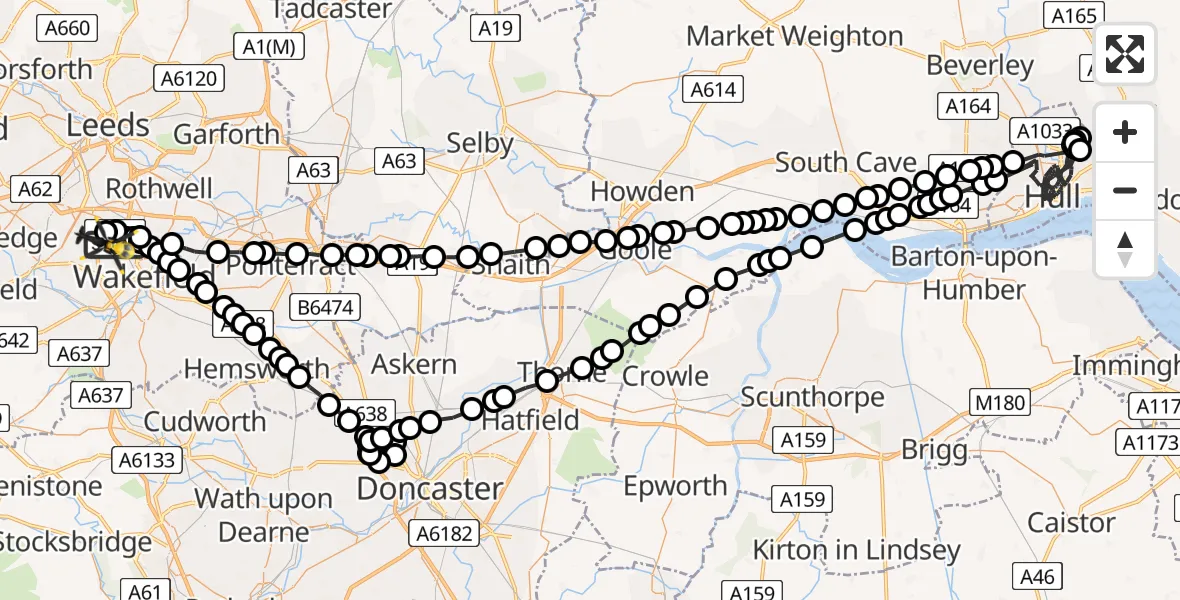 Flight route Police Helicopter Wrenthorpe - East Ardsley, 17 July 2026, 15:31
