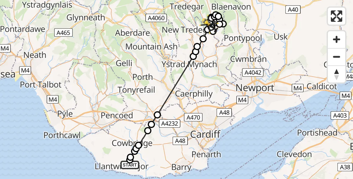 Flight route Police Helicopter Boverton - Abertillery, 17 July 2026, 15:33