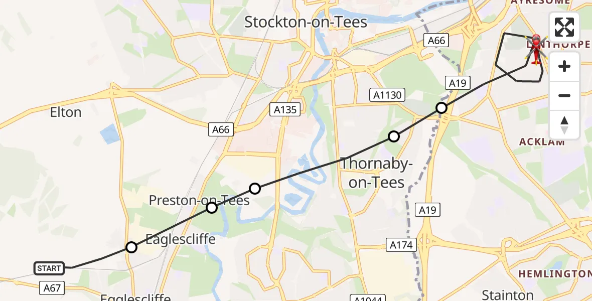 Flight route Air Ambulance Helicopter Egglescliffe - Middlesbrough, 17 July 2026, 15:38