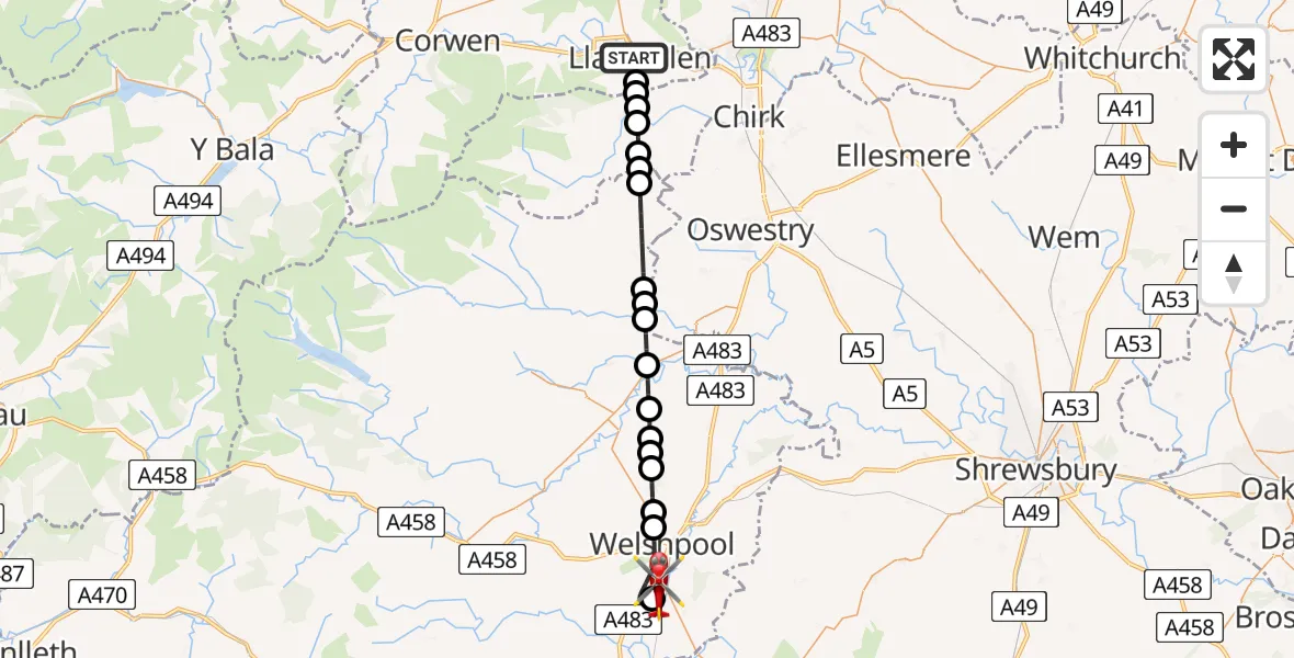 Flight route Air Ambulance Helicopter Llangollen - Welshpool Airport, 17 July 2026, 15:45