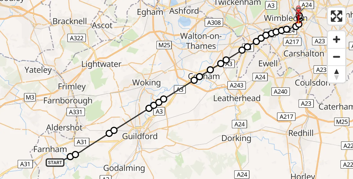 Flight route Air Ambulance Helicopter Farnham - St Georges Hospital, 17 July 2026, 15:45