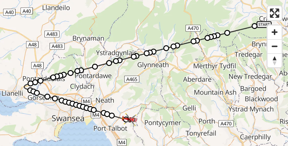 Flight route Air Ambulance Helicopter Llangattock - Bryn, 17 July 2026, 15:49