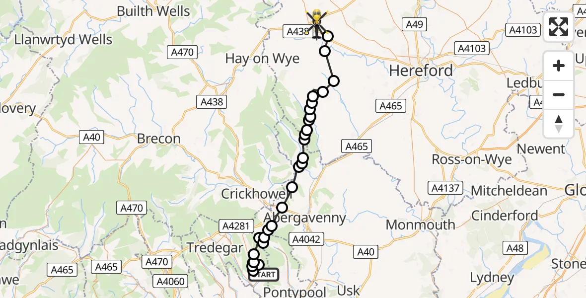 Flight route Police Helicopter Abertillery - Letton, 17 July 2026, 15:52