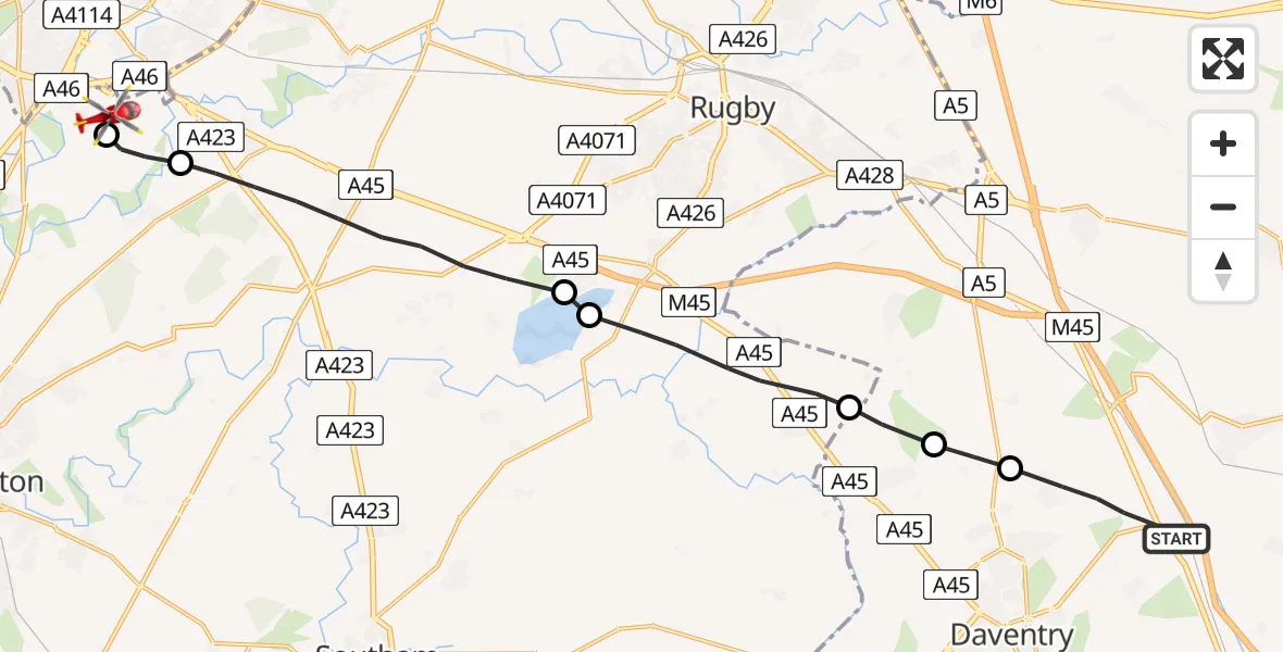 Flight route Air Ambulance Helicopter Long Buckby Wharf - Coventry Airport, 17 July 2026, 15:55