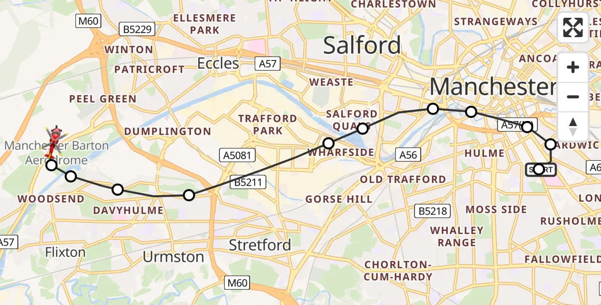 Flight route Air Ambulance Helicopter Ardwick - Manchester Barton Aerodrome, 17 July 2026, 15:58