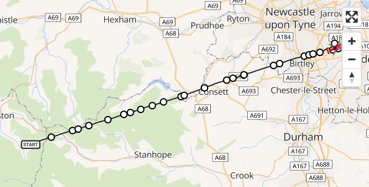 Flight route Air Ambulance Helicopter Alston Moor - Sunderland, 17 July 2026, 16:01