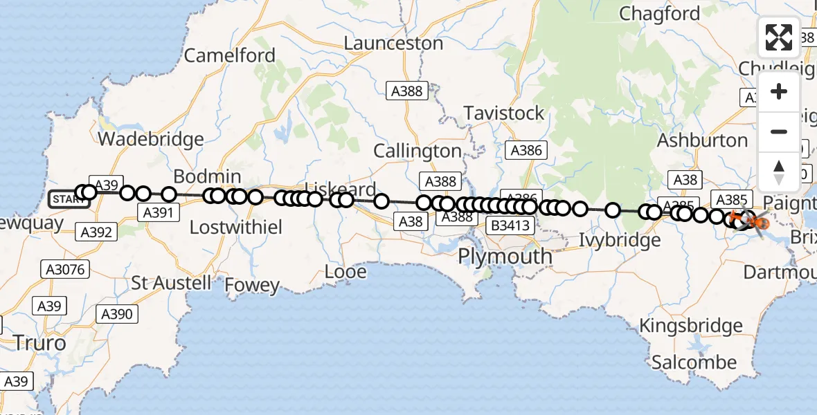 Flight route Coastguard Helicopter Cornwall Airport Newquay - South Hams, 17 July 2026, 16:02