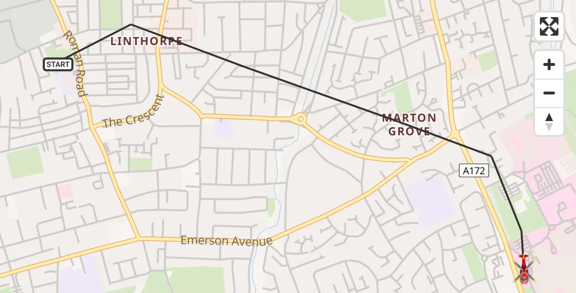 Flight route Air Ambulance Helicopter Middlesbrough - James Cook University Hospital, 17 July 2026, 16:21
