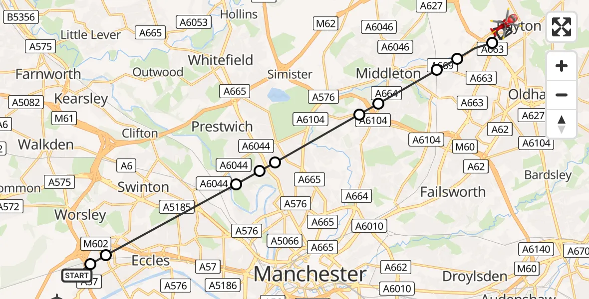 Flight route Air Ambulance Helicopter Worsley - Royton, 17 July 2026, 16:29