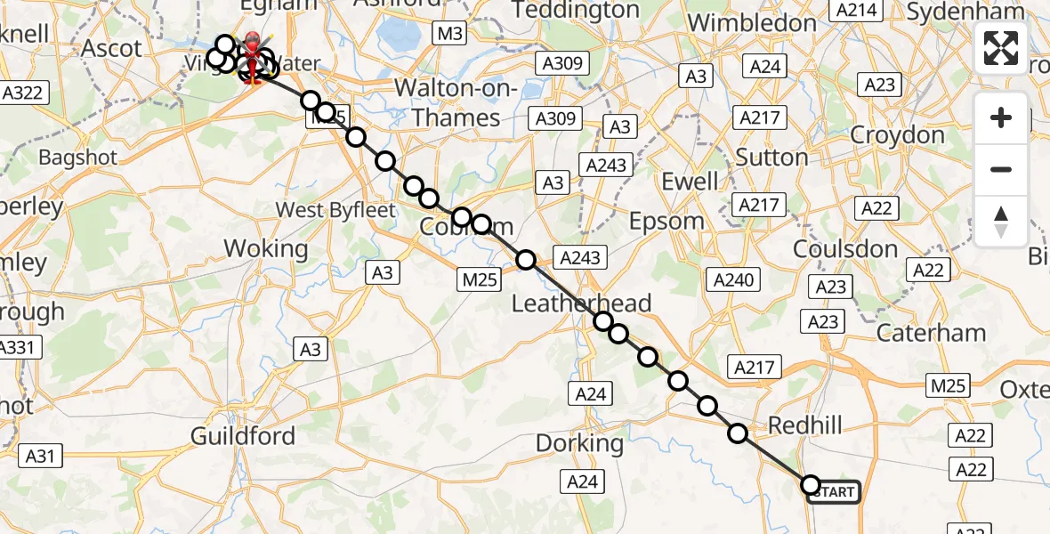 Flight route Air Ambulance Helicopter Redhill Aerodrome - Virginia Water, 17 July 2026, 16:32