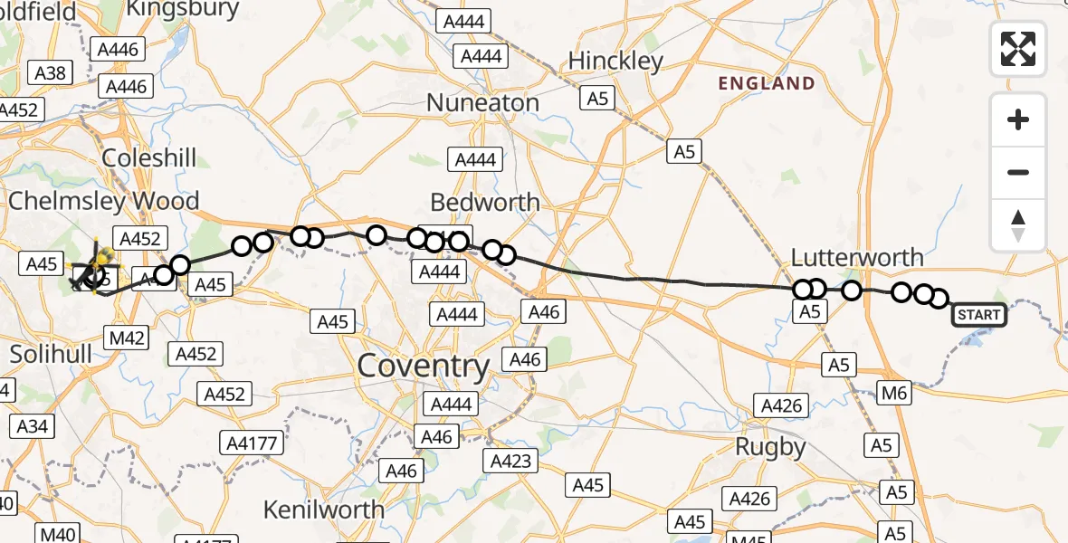 Flight route Police Helicopter South Kilworth - Birmingham Airport, 17 July 2026, 16:33