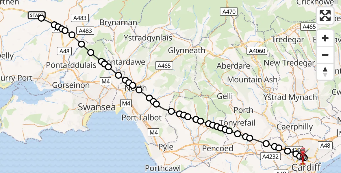 Flight route Air Ambulance Helicopter Llanddarog - Gabalfa, 17 July 2026, 16:36