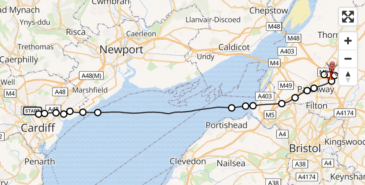 Flight route Air Ambulance Helicopter Gabalfa - Bradley Stoke, 17 July 2026, 16:39