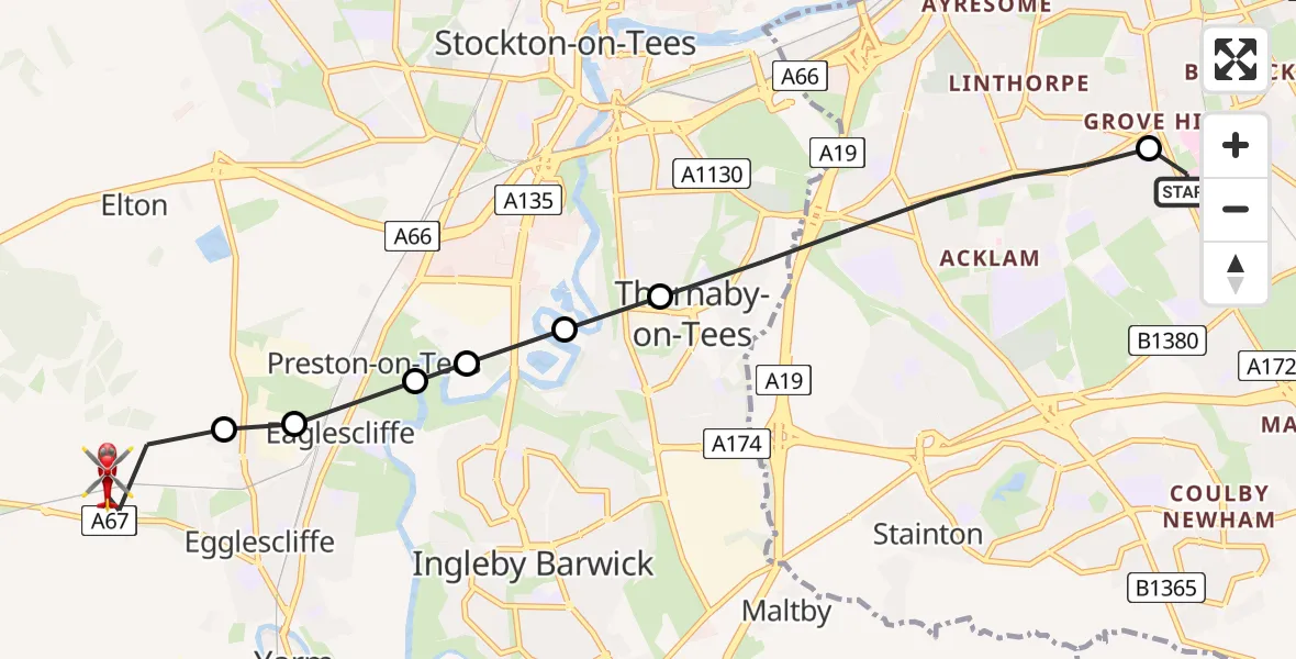 Flight route Air Ambulance Helicopter James Cook University Hospital - Egglescliffe, 17 July 2026, 16:45