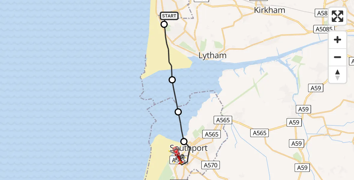 Flight route Air Ambulance Helicopter Blackpool Airport - Southport, 17 July 2026, 16:44