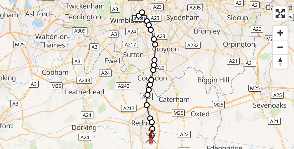 Flight route Air Ambulance Helicopter St Georges Hospital - Redhill Aerodrome, 17 July 2026, 16:49