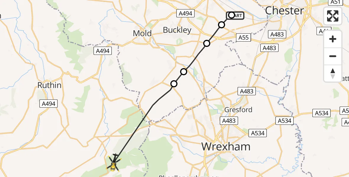 Flight route Police Helicopter Hawarden Airport - Llandegla, 17 July 2026, 16:57