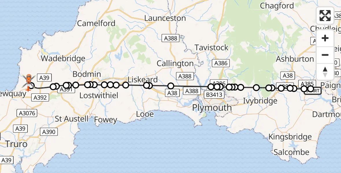 Flight route Coastguard Helicopter South Hams - Cornwall Airport Newquay, 17 July 2026, 16:58