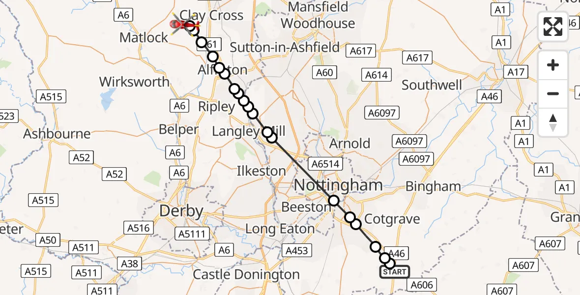 Flight route Air Ambulance Helicopter Rushcliffe - Ashover CP, 17 July 2026, 16:58