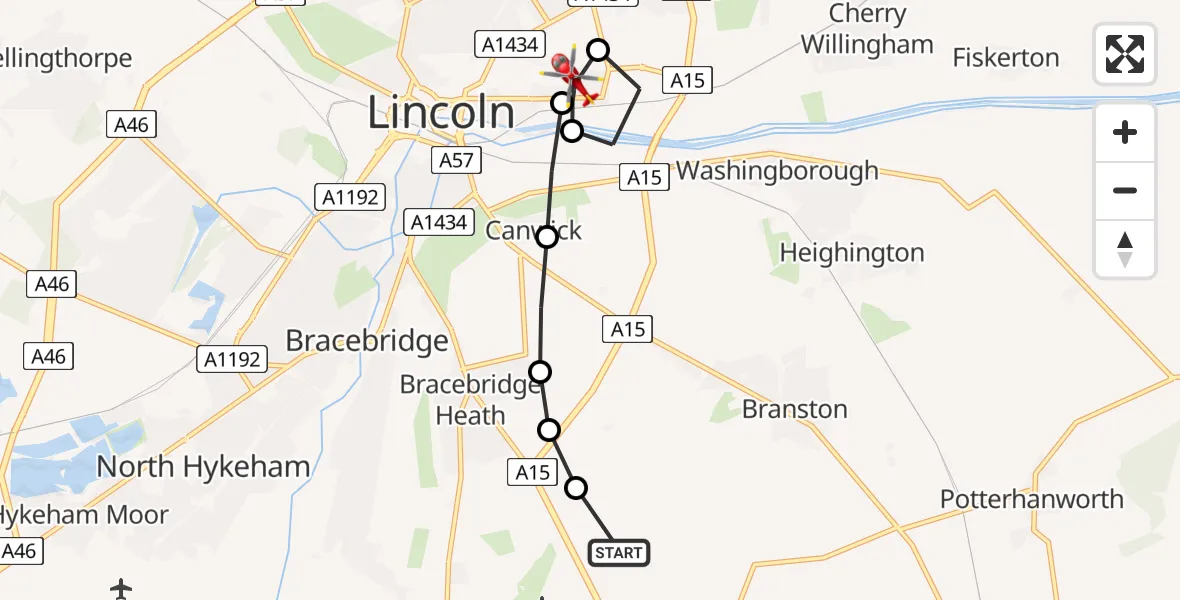 Flight route Air Ambulance Helicopter North Kesteven - Bracebridge, 17 July 2026, 17:04