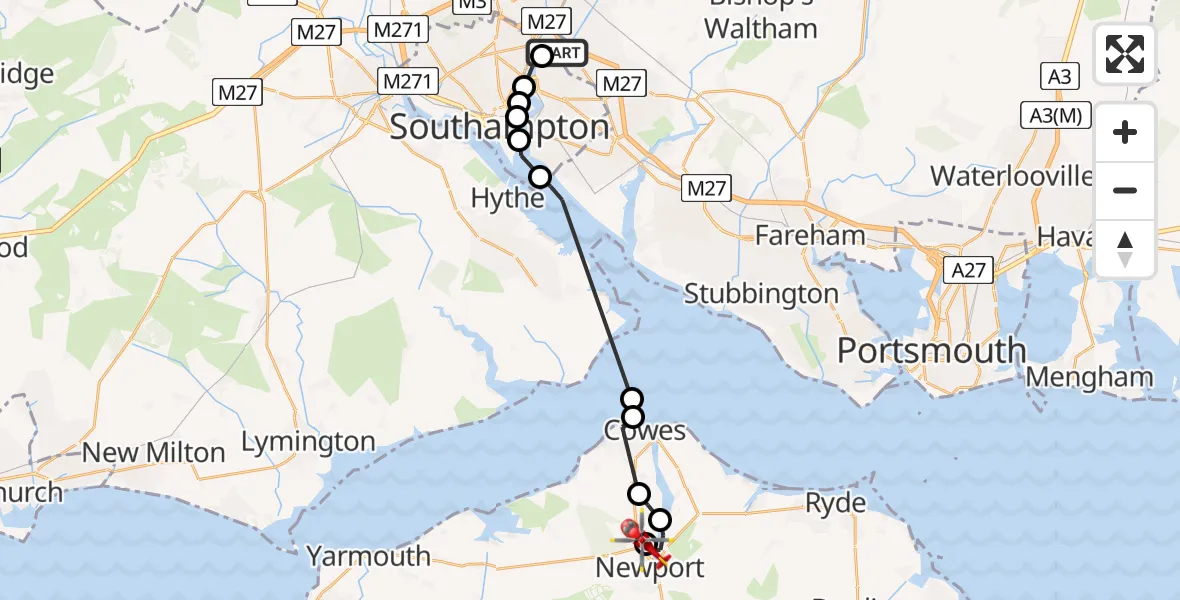 Flight route Air Ambulance Helicopter Mansbridge - St Marys Hospital Isle Of Wight, 17 July 2026, 17:11