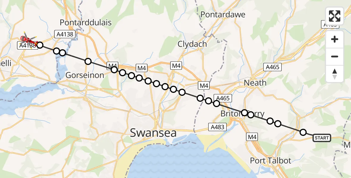 Flight route Air Ambulance Helicopter Bryn - Dafen, 17 July 2026, 17:21