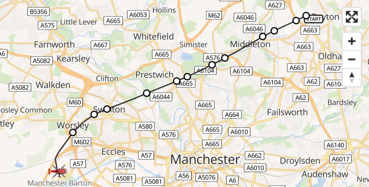 Flight route Air Ambulance Helicopter Royton - Manchester Barton Aerodrome, 17 July 2026, 17:40