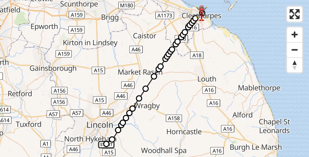 Flight route Air Ambulance Helicopter RAF Waddington - Cleethorpes, 17 July 2026, 17:42