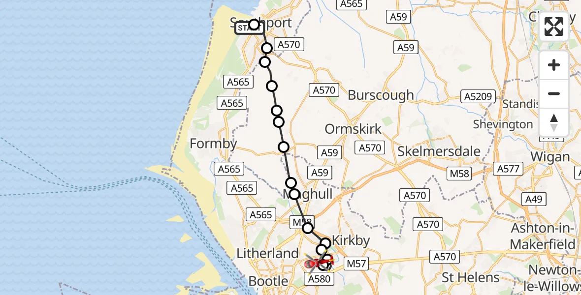 Flight route Air Ambulance Helicopter Southport - Aintree University Hospital Heliport, 17 July 2026, 17:46