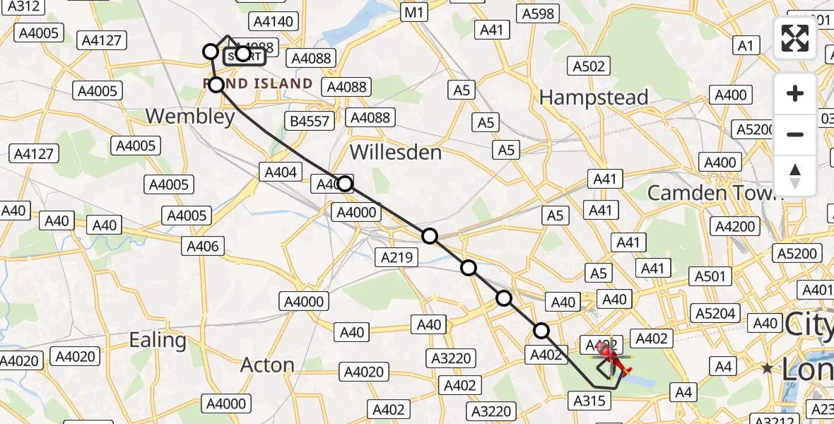Flight route Air Ambulance Helicopter Preston - City of Westminster, 17 July 2026, 17:48