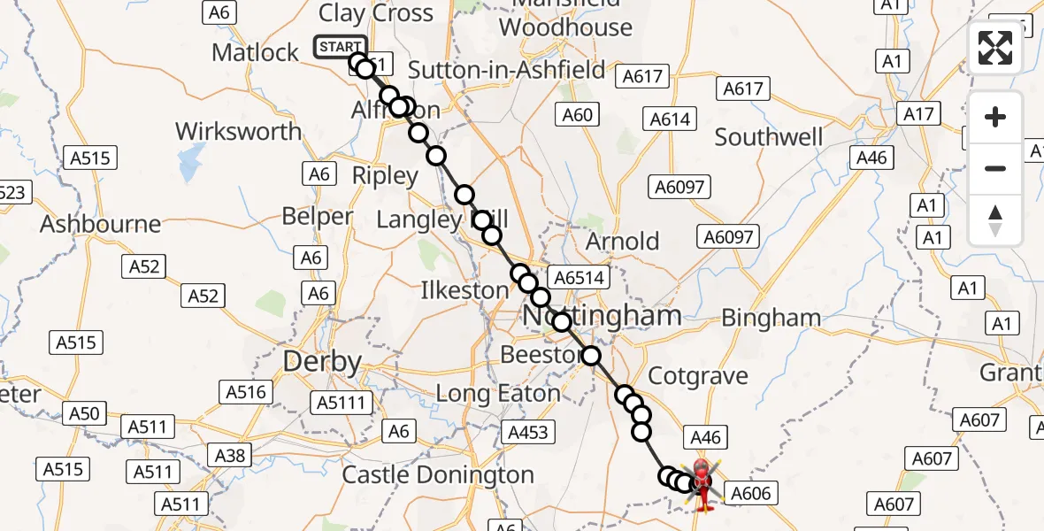 Flight route Air Ambulance Helicopter Brackenfield CP - Widmerpool, 17 July 2026, 17:50