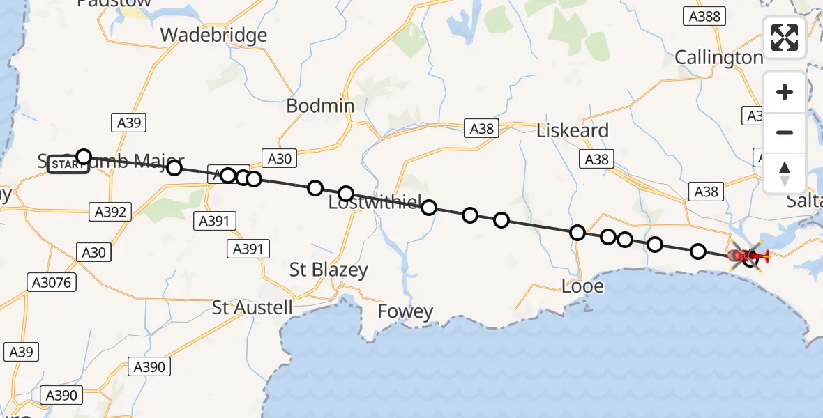 Flight route Air Ambulance Helicopter Cornwall Airport Newquay - Antony, 17 July 2026, 17:50
